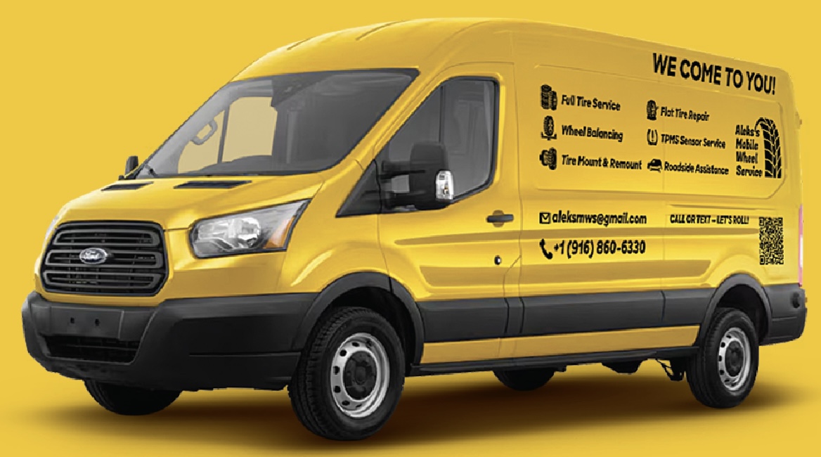 Yellow mobile tire service van in Sacramento